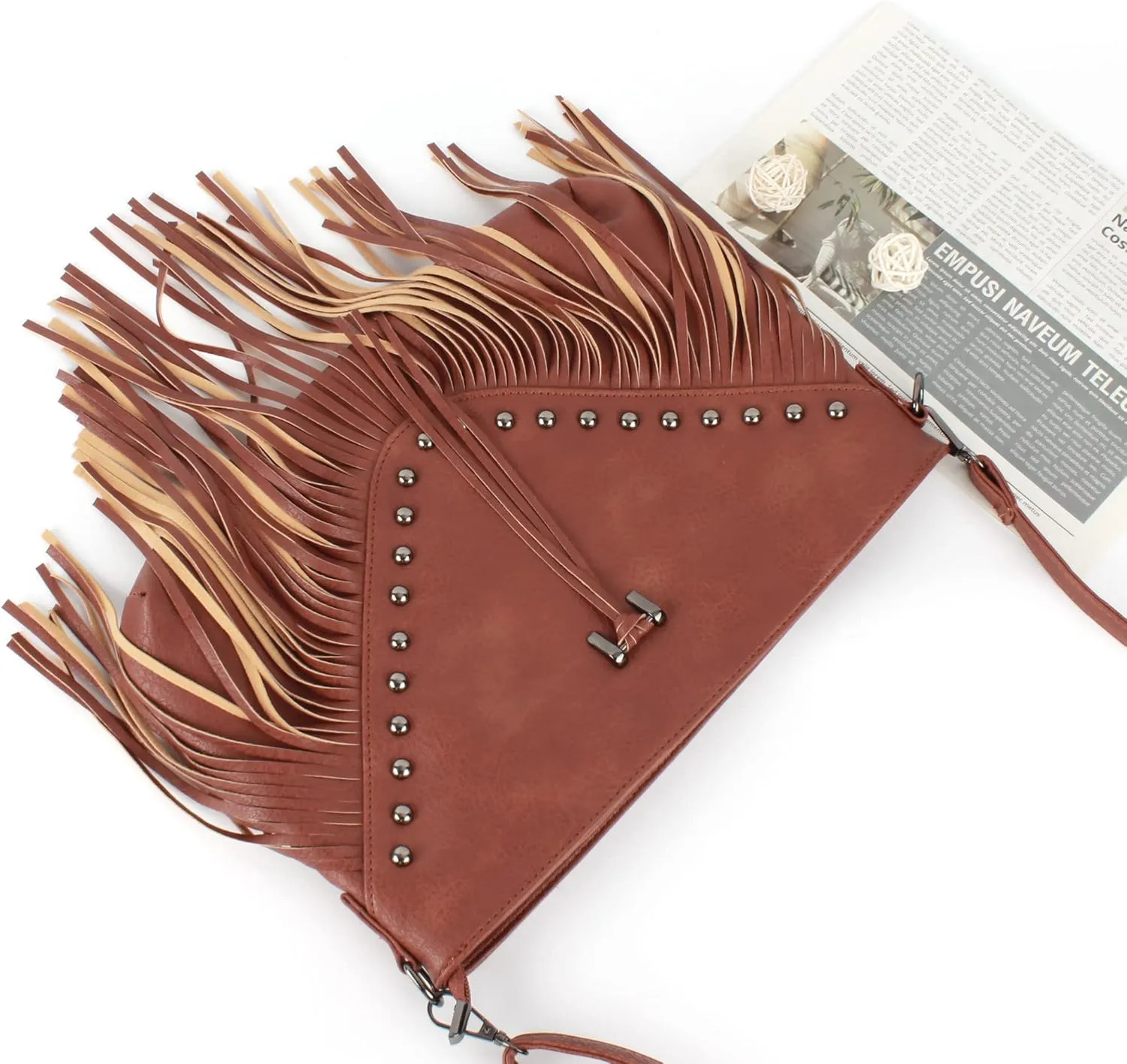 Women's PU Leather Hobo Fringe Crossbody Tassel Purse Fashion Rivets Messenger Shoulder Bag Vintage Small Handbag