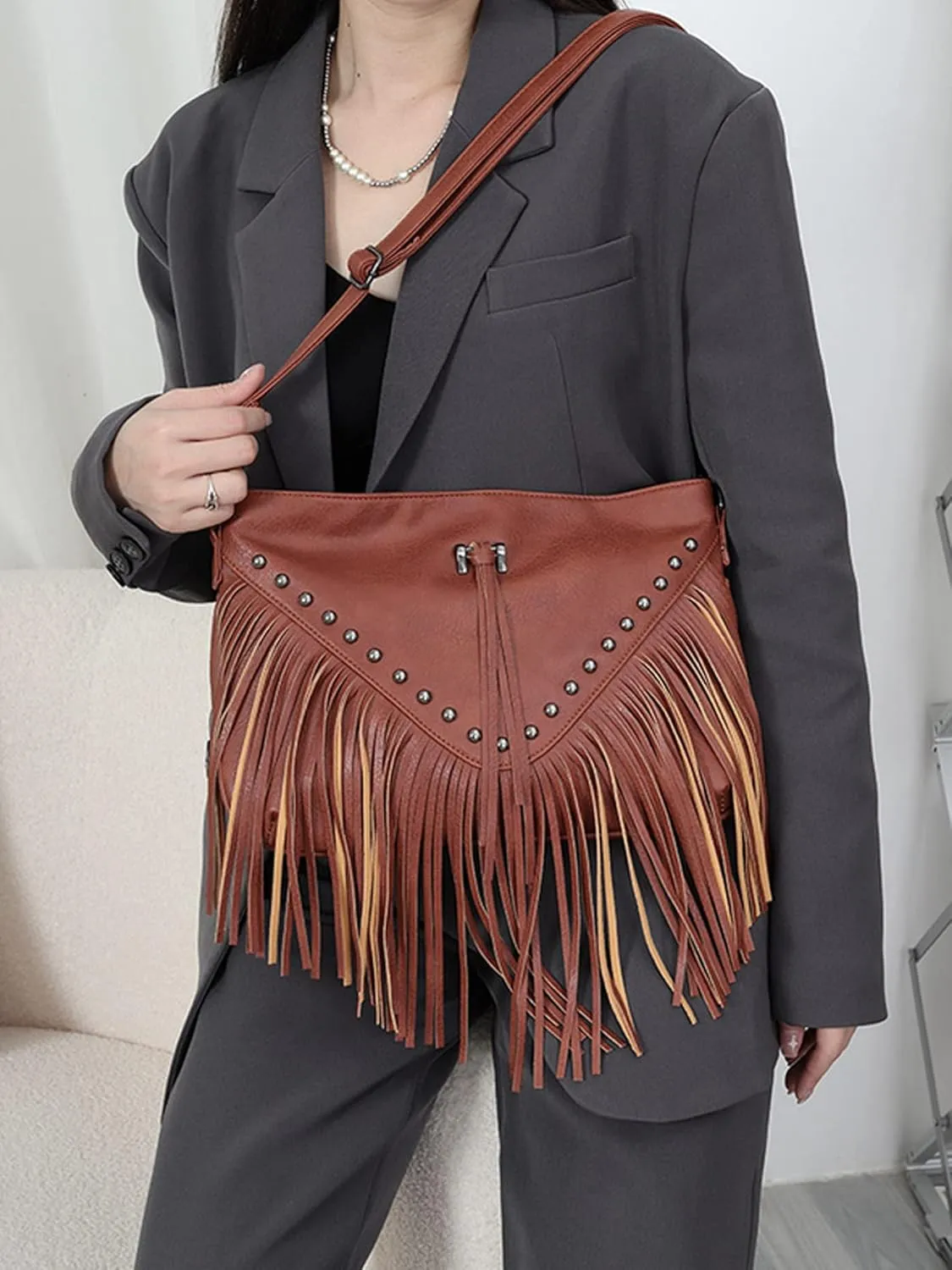 Women's PU Leather Hobo Fringe Crossbody Tassel Purse Fashion Rivets Messenger Shoulder Bag Vintage Small Handbag